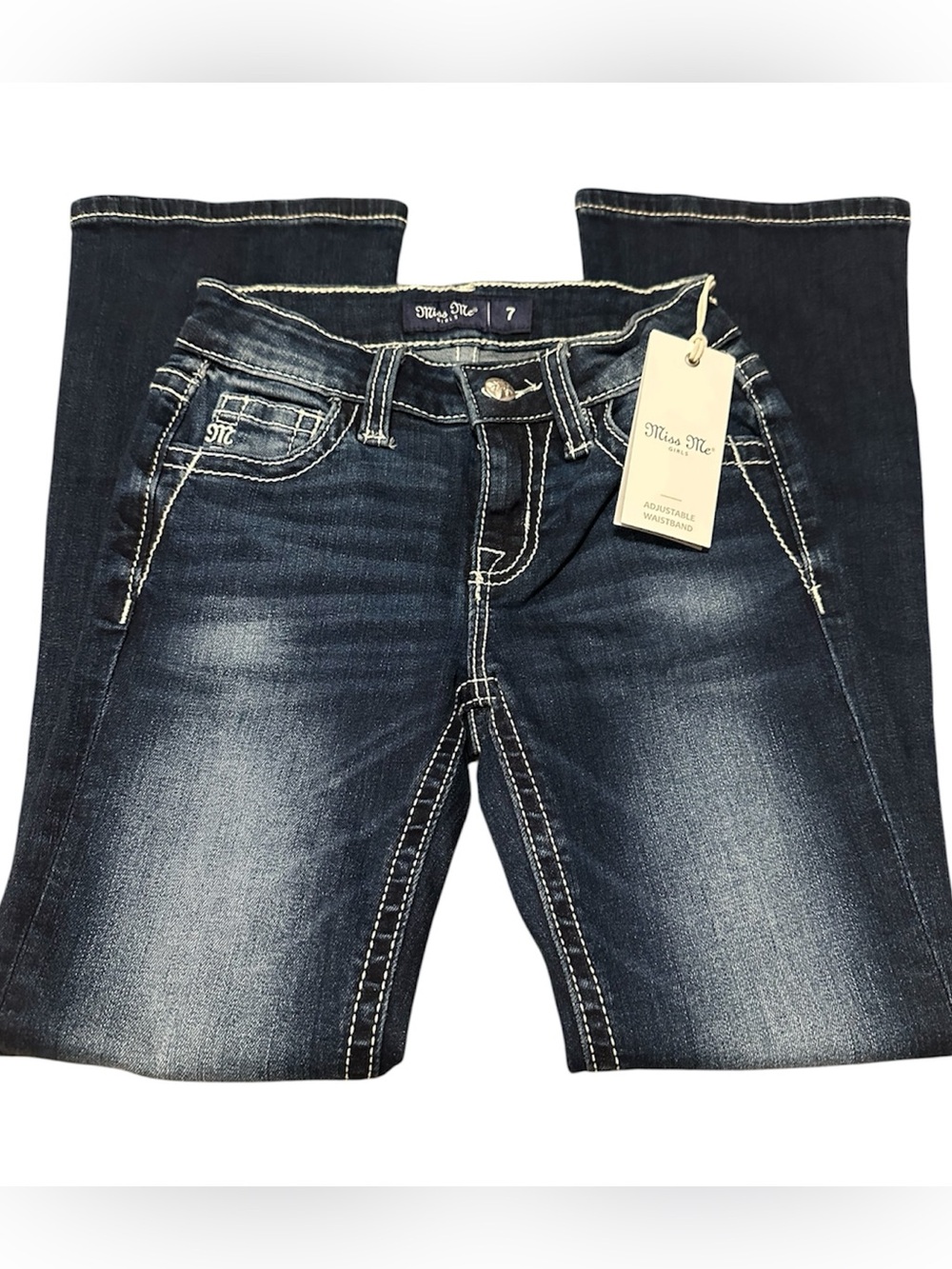 Girls Miss Me Dark Indigo Bootcut Jeans with Contrast Stitching size 7
